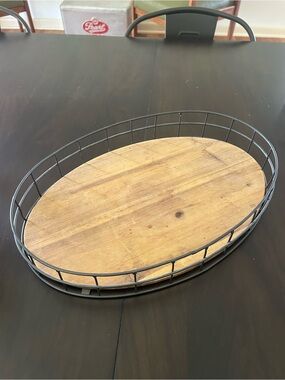 Rustic Oval Wood & Metal Serving Tray - Brown